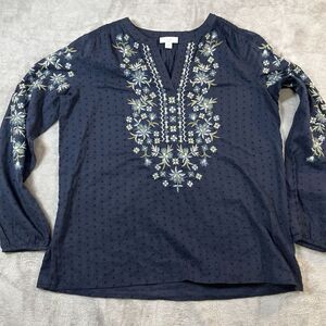 J. Jill-Navy Blue Green White Floral‎ Embroidered Long Sleeve Vneck Top Tunic-XS